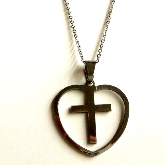 Sacred Heart Cross Necklace 24" Silver Stainless Steel Catholic Christian Gift - Picture 12 of 12